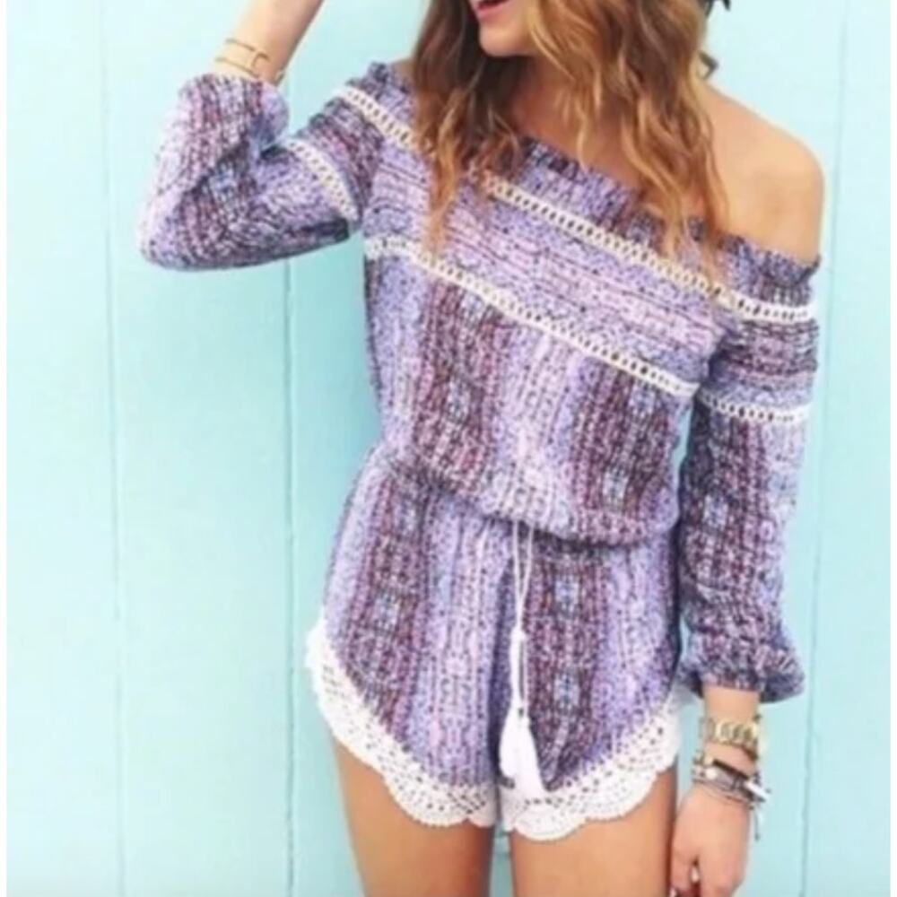 NWT Rumor Boutique Women's Off Shoulder Boho Crochet Romper Purple Size XS - Picture 14 of 14